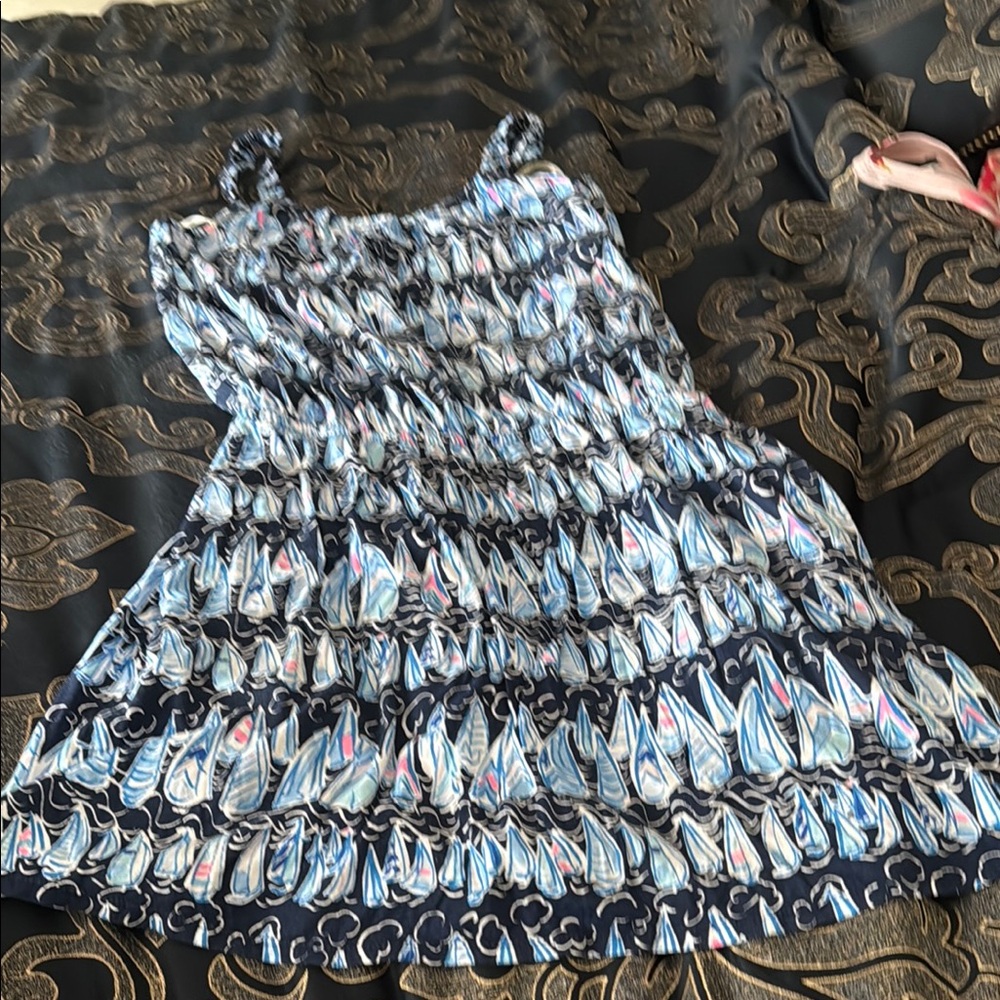 Lilly Pulitzer Navy Blue White Pink Patterned Smocked Jumpsuit Romper